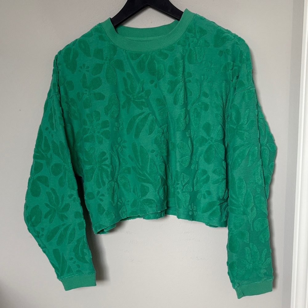 Billabong Long Sleeve Crop Top, Green Terry Floral